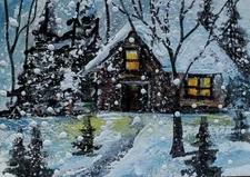ACEO Original Painting Winter CABIN Pine Tree Snow Holiday Nature Landscape ART