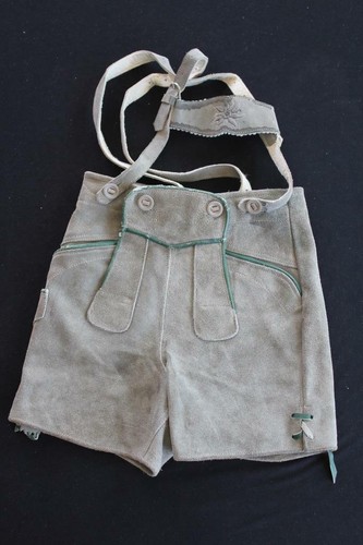 VINTAGE 1970'S GRAY GREEN SUEDE AUTHENTIC BOY'S LEDERHOSEN SHORTS SIZE 24" WAIST