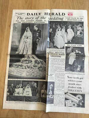 1947 Royal Wedding DAILY HERALD volle Zeitung 21. November 4 Seiten