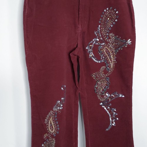 Paisley Beaded Embellished Bootcut Corduroy Pants 12W High Waisted Mom Red - Picture 3 of 5