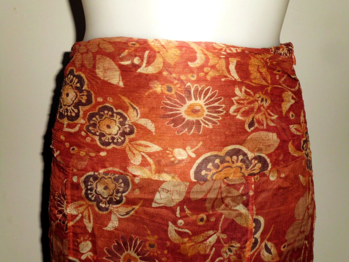 LEGERE LONGUE JUPE ASYMETRIQUE DOUBLE ZARA BRIQUE GRENAT MOTIF FLEURI T XS S