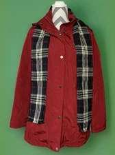 London Fog Women M Red Jacket Coat Removable Hood w Plaid Flannel Scarf & Lining