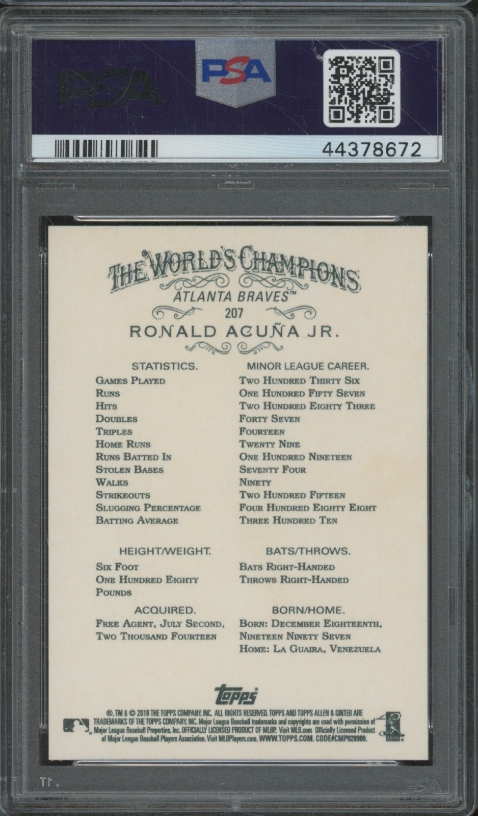 2019 Topps Allen & Ginter #207 Ronald Acuna Jr. RC Rookie Gem Mint PSA 10 view 2