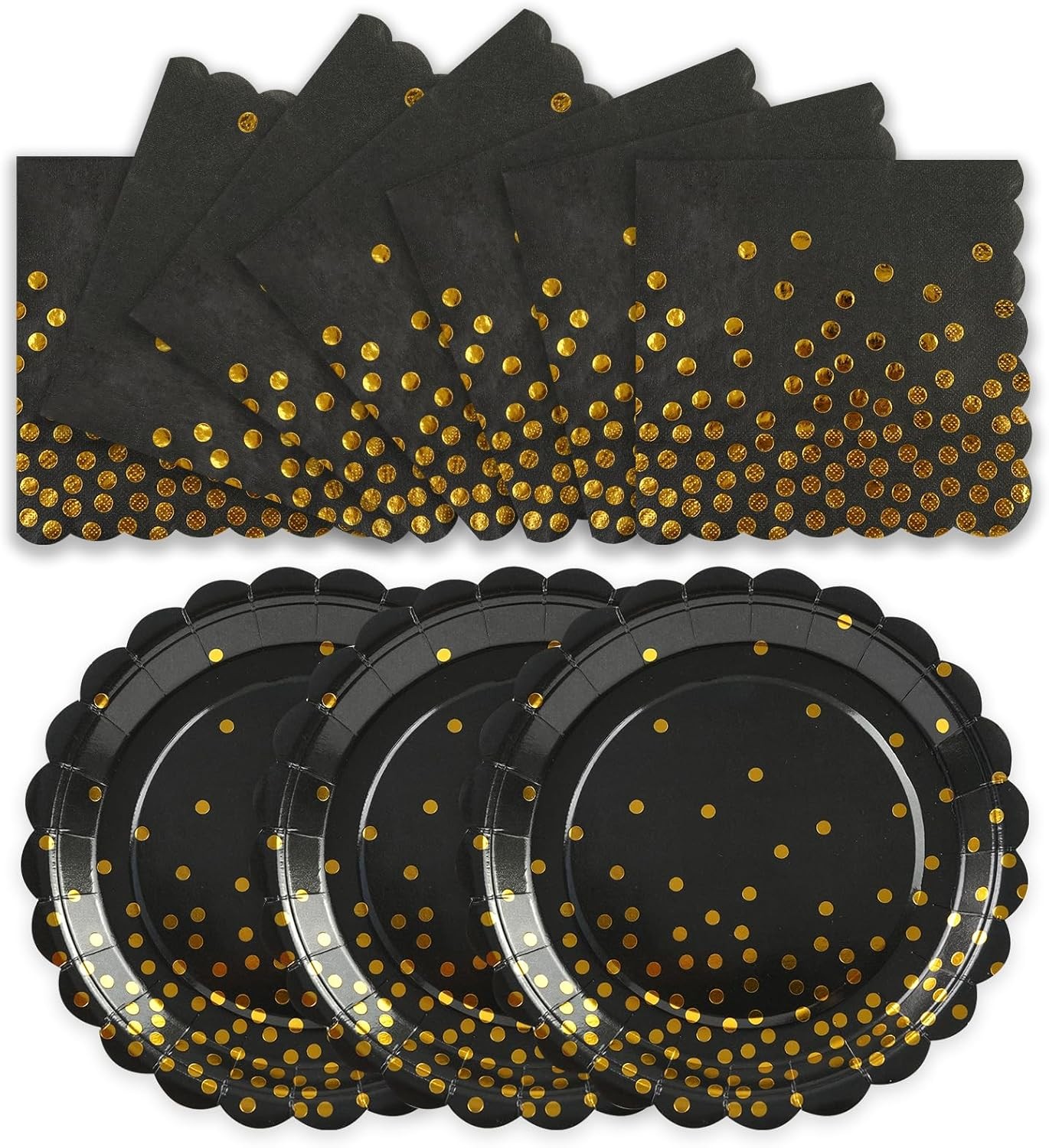50PCS Black and Gold Paper Plates and Napkins Party Supplies, 7 Inch Scalloped