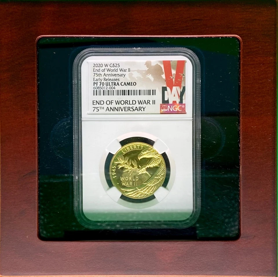 2020 End of World War II 75th Anniversary W $25 Gold Medal PF70 ER V LABEL - Image 3 of 4