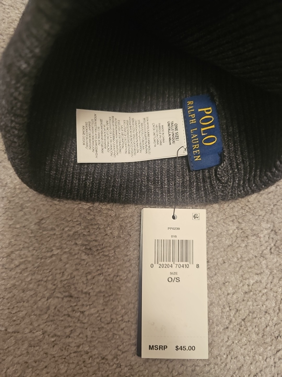 POLO Ralph Lauren KNIT BEANIE Navy Pony CARBONE DK BLUE misto lana nuovo con etichette