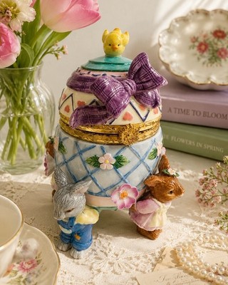 Easter Egg Hinged Trinket Box w/ Purple Bow, Floral Pattern, Bunnies & Chick