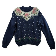 VTG 90s Sz M Sweater Handknit Chunky Floral Pullover Grannycore Cottagecore
