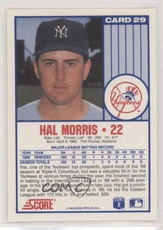 1989 Score NatWest Banks New York Yankees Hal Morris #29 Rookie RC - Image 2 of 2