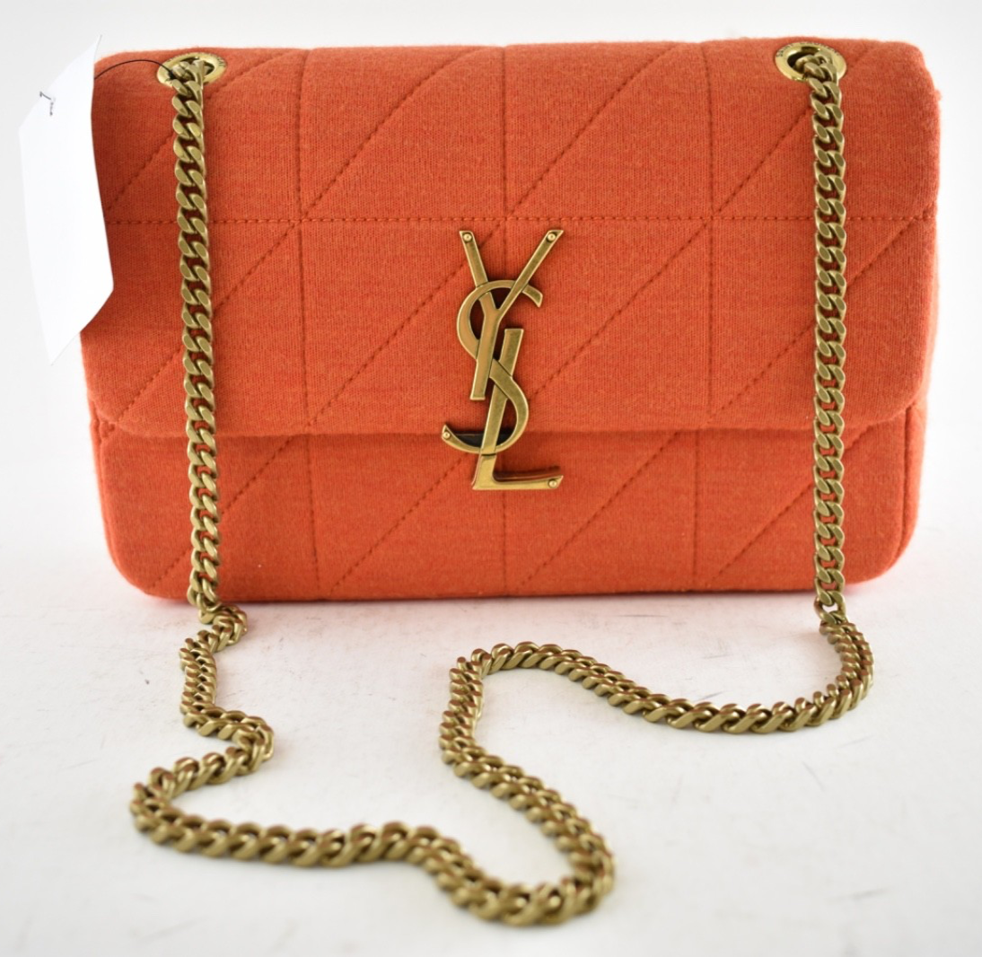 Borsa a tracolla Saint Laurent media Jamie Lock catena arancione calendula brillante jersey