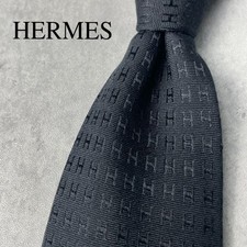 Excellent Condition HERMES H Pattern Fasone All Logo Tie Black