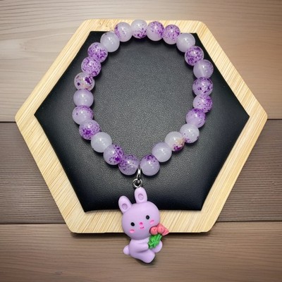 Handmade Girl s 6  Plus Stretch Glass Bead & Bunny Charm Bracelet  New C918