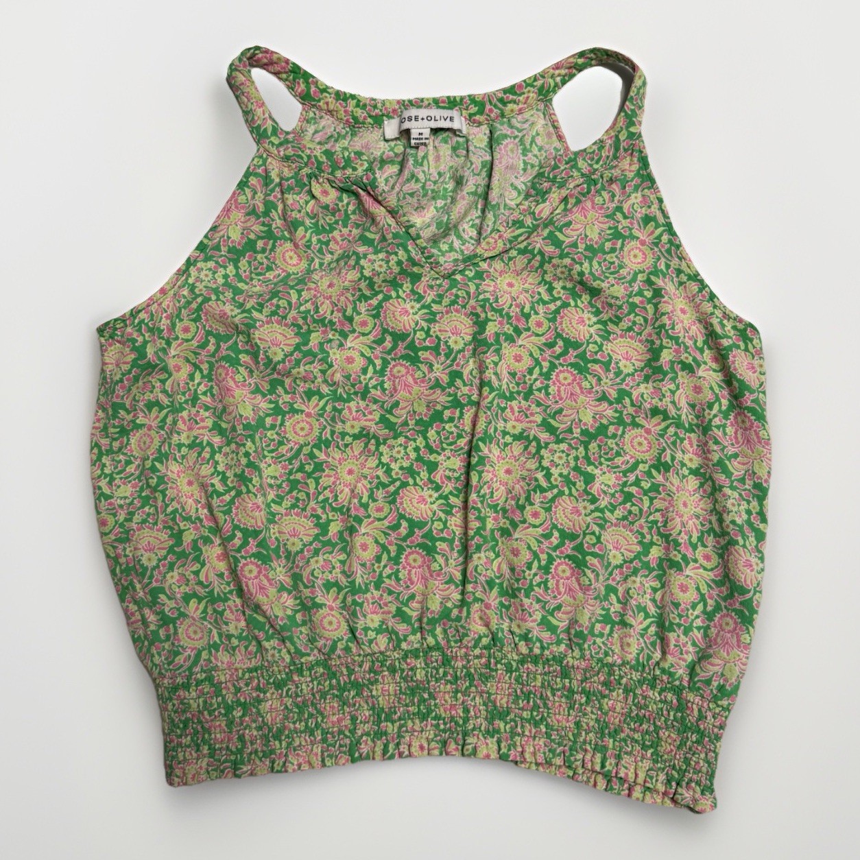 Rose+Olive Women Crop Tank Top Size M Green Pink Floral Smocked-Waist