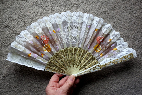 Vintage Decorative Folding Lace Hand Fan Floral with Lace Trim Gold Scroll 9"