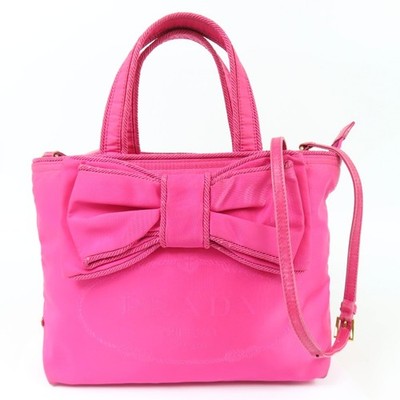 Prada Ribbon 2WAY Nylon Pink Shoulder Bag Tote 1BA084 Authentic