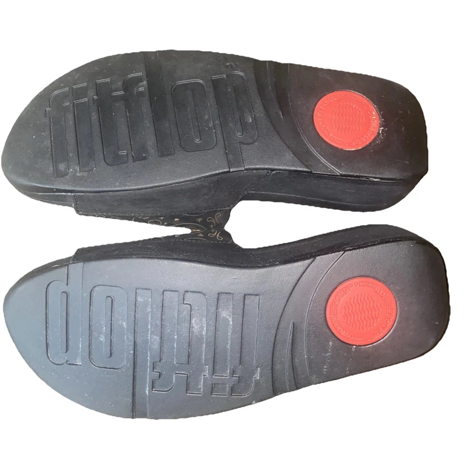 FitFlop Urban Flora Corte Láser Cuero Negro Mujer Sandalias Deslizables Cojín EE. UU. 8 Foto 4 de 4