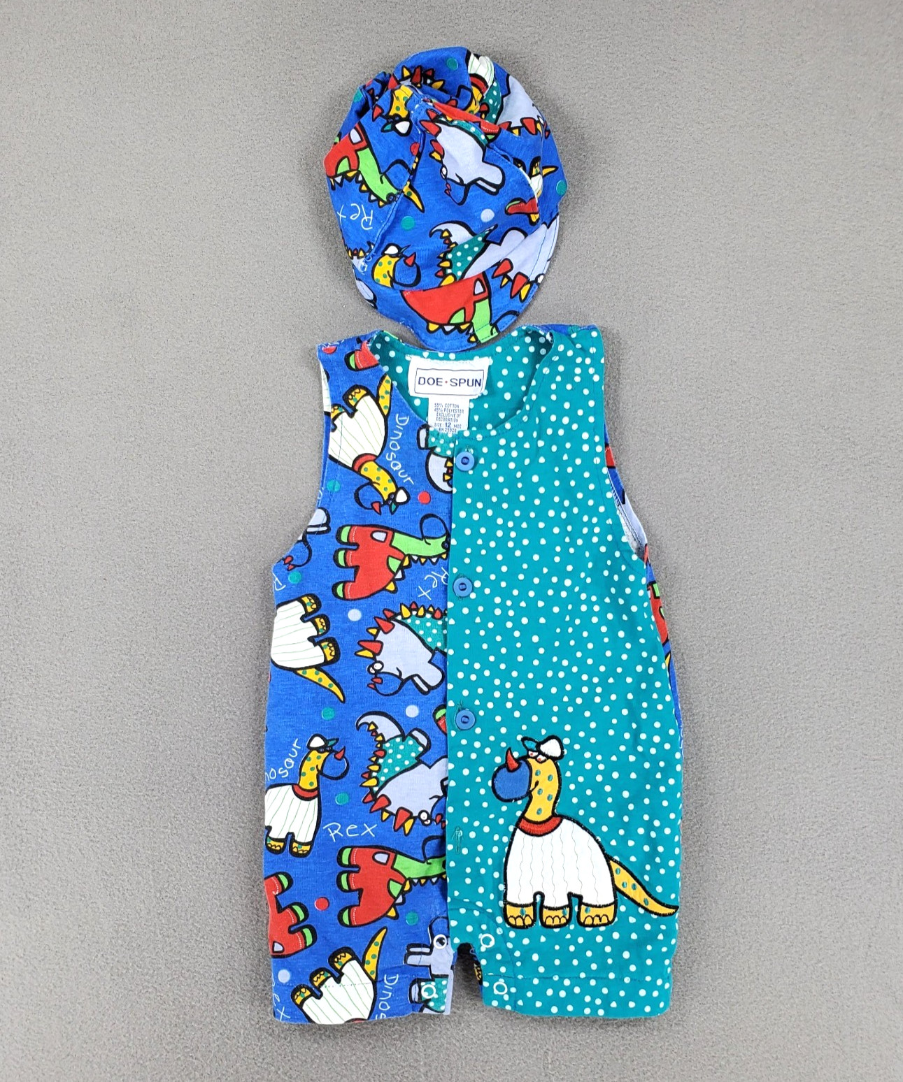 Conjunto de sombrero mameluco de dinosaurio vintage Doe-Spun 12 meses mono azul a juego Rex