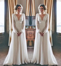 Modest Boho Beach Wedding Dress Long Sleeves V Neck Chiffon Country Bridal Gowns