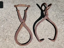 2 Vintage Primitive Gifford Wood Co Hudson New York Metal Log / Ice Tongs Lot