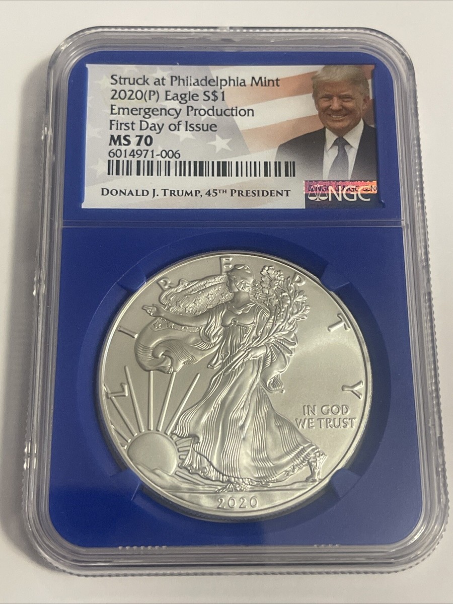 アメリカ2020年 イーグル1ドル銀貨　トランプラベル　　NGC：MS70 2020 (P) American Silver Eagle NGC MS70 FDOI Trump Label Blue Core