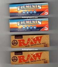 4 PACK SAMPLER 1 1/4 SIZE RAW Classic & ELEMENTS Ultra Thin Rice Rolling Papers