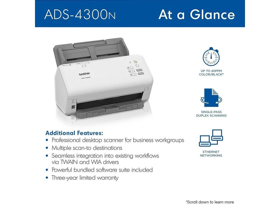 Brother ADS4300N 24 bit Dual CIS 600 x 600 dpi Sheet Fed Professional Desktop Sc - Image 4 of 4