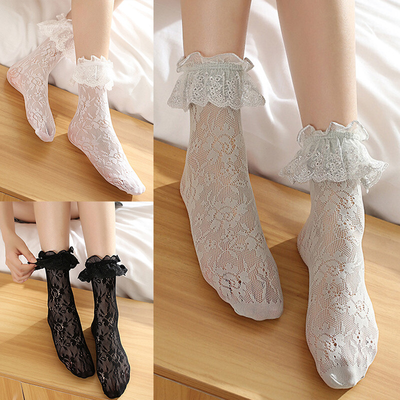 Lolita Shoes Women's Retro Lace Ruffle Ankle Socks - Frilly Princess School Socks (Multi-Colored) Ruffle Socks - Foto 2
