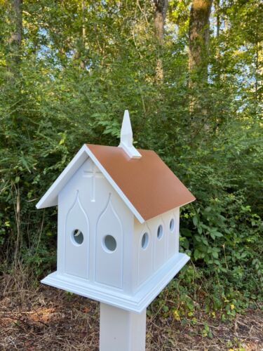 Chapel Birdhosue Handmade, Choose Roof Color, Bird House For The Outdoors, Pole - Picture 1 of 19