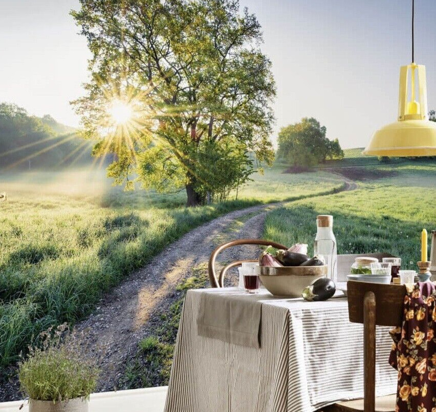 Dining room photo wallpaper Full size wall mural Meadow trail green tree village