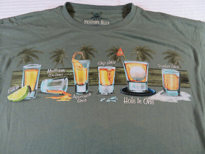 NEWPORT BLUE GOLF SHIRT SHOT GLASSES HOLE IN ONE MULLIGAN T SHIRT SIZE M GUC 