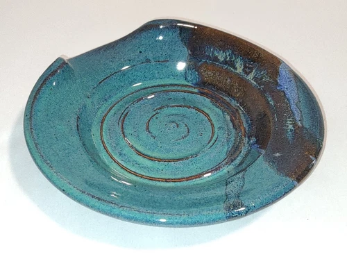 Doe Ridge Pottery Spoon Rest EUC Bob Meier Teal Blue Brown NC Kitchen Stove
