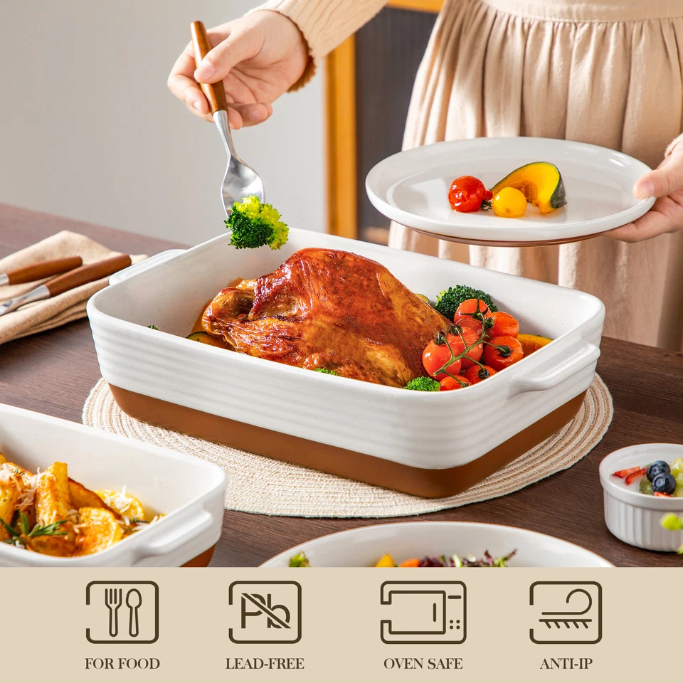 MALACASA 3-teilig Weiß & Khaki Steingut Auflaufform-Set Rechteckig Auflaufformen - Bild 4 von 4