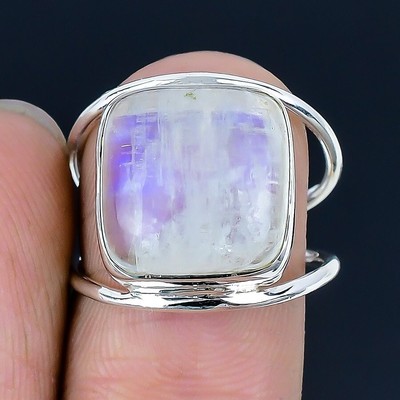 Natürlicher Regenbogen Mondstein massiv Silber Ethno Statement Geburtstag Ring Größe 7,5
