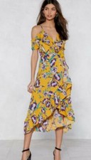 Womens Nasty Gal Vera & Lucy  Easy Come Floral Dress Mustard Sz L