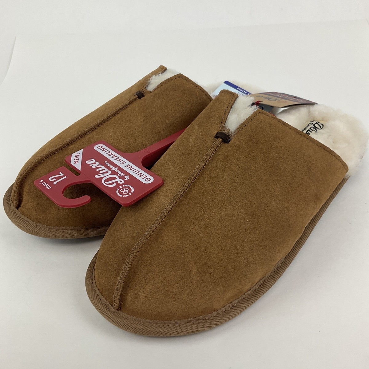 Dluxe by Dearfoams Genuine Shearling slippers tan suede leather men\'s 12…New Dluxe by Dearfoams Brown Memory Foam Genuine Shearling  main image 3