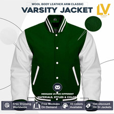 Varsity Letterman Jacket For Men Women  Kids Forest Green Body White Sleeves