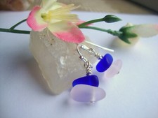 Blue  Pink Pebble Shaped Frosted Sea Glass Silver Ladies Dangle Earrings