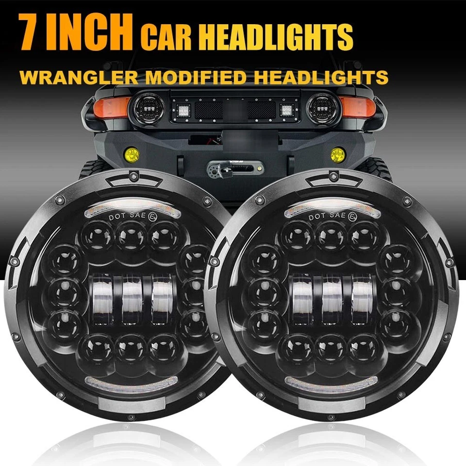 Pair 7" Inch Round LED Headlights Halo Hi/Lo Beam For Jeep Wrangler JK LJ TJ CJ - Image 2 of 4