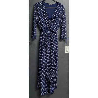 Allison Brittney Blue White Polka Dot Faux Wrap Midi Dress Tie Waist L