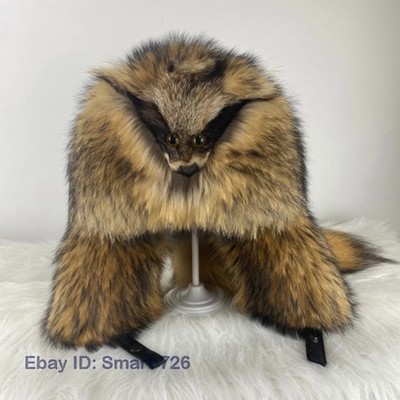 Full Covered Real Raccoon Fur Hats for Men Russian Ushanka Cossack Trapper Hat