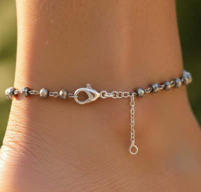Boho Chic Silver Tone Beaded Anklet Minimalist Faceted Grey Crystal Charm Anklet