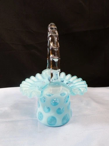 Fenton Blue Opalescent Glass Coin Dot Basket 6 1/4" Tall
