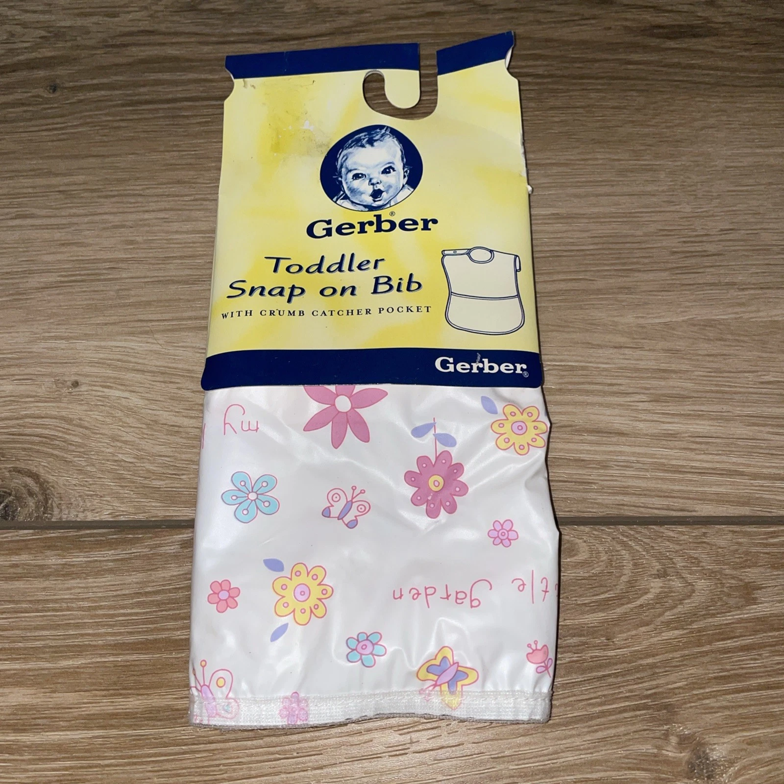 Vintage Gerber Toddler Snap On Vinyl Bib w/ Crumb Catcher Pocket Floral NOS NEW