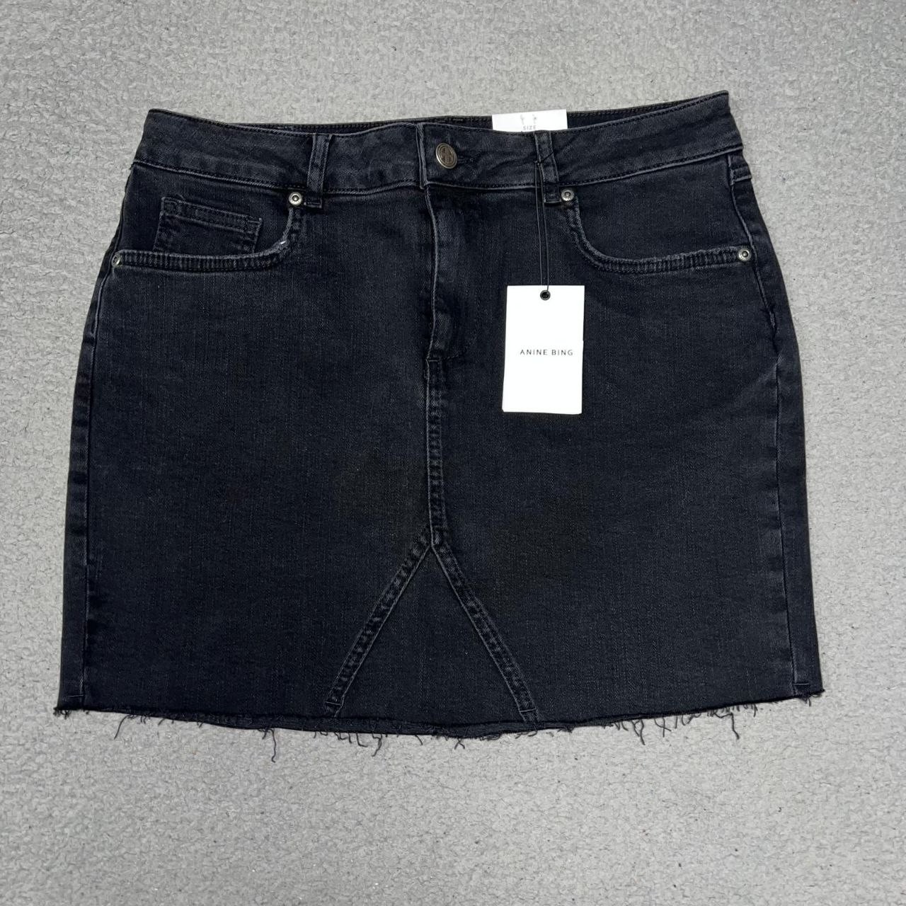 NWT Anine Bing Mini Skirt Women's Size L Black Denim Frayed Cut Off Hem A-Line