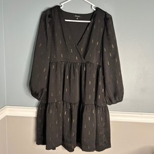 Madewell Black Metallic Stripe Tiered V Neck Long Sleeve Babydoll Dress Size S