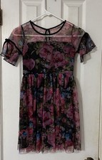 Justice Dress Girls 10 Pink Black Floral Keyhole Back Elastic Waistband