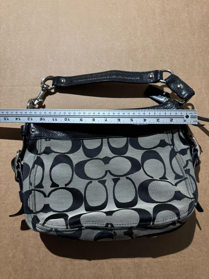 Bolso de Hombro Coach Zoe Signature - Lona y Cuero Negro y Gris - BONITO Foto 3 de 4