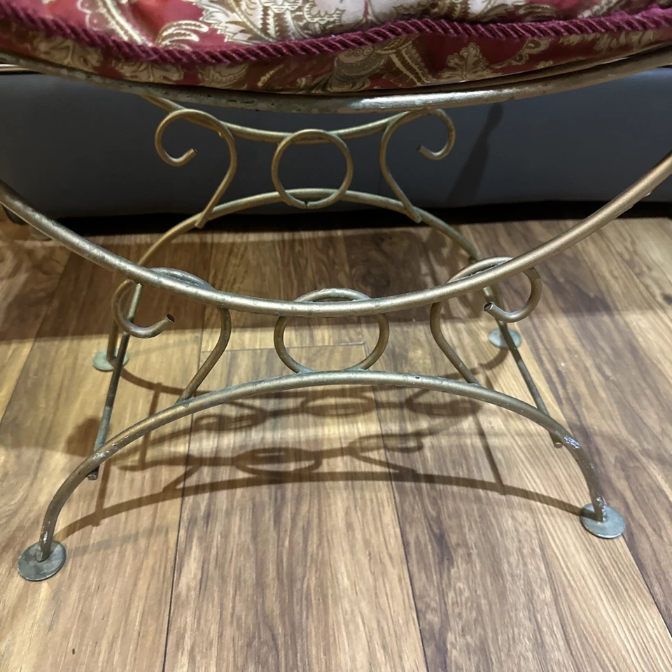 "Taburete tocador de metal dorado Hollywood Regency de colección banco tocador Art Deco MCM 23""x24""" Foto 3 de 4