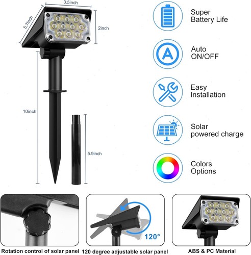 2PACK Solar Spotlights Multicolor LED Outdoor Super Bright Garden Pathway Lights - Foto 3 di 14