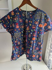 Zoe Chloe Scrub Top XL Thanksgiving Owls Pumpkins Eat Pie Give Thanks Navy